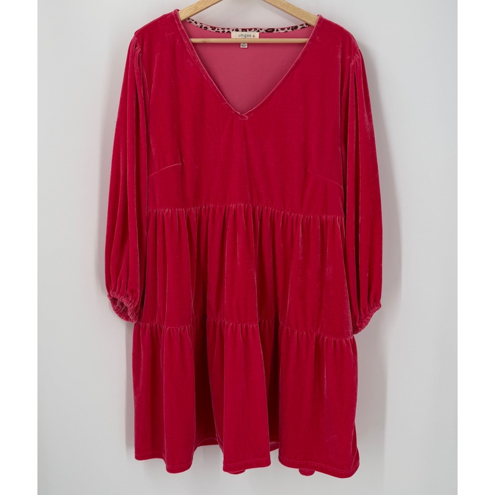 Umgee Pink Velvet Babydoll Dress V-Neck Tiered Mini WomenS XL Western Festival